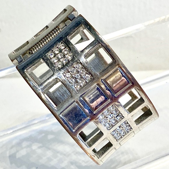 Silver Geometric Cuff Bangle Pave Bracelet - Picture 5 of 8